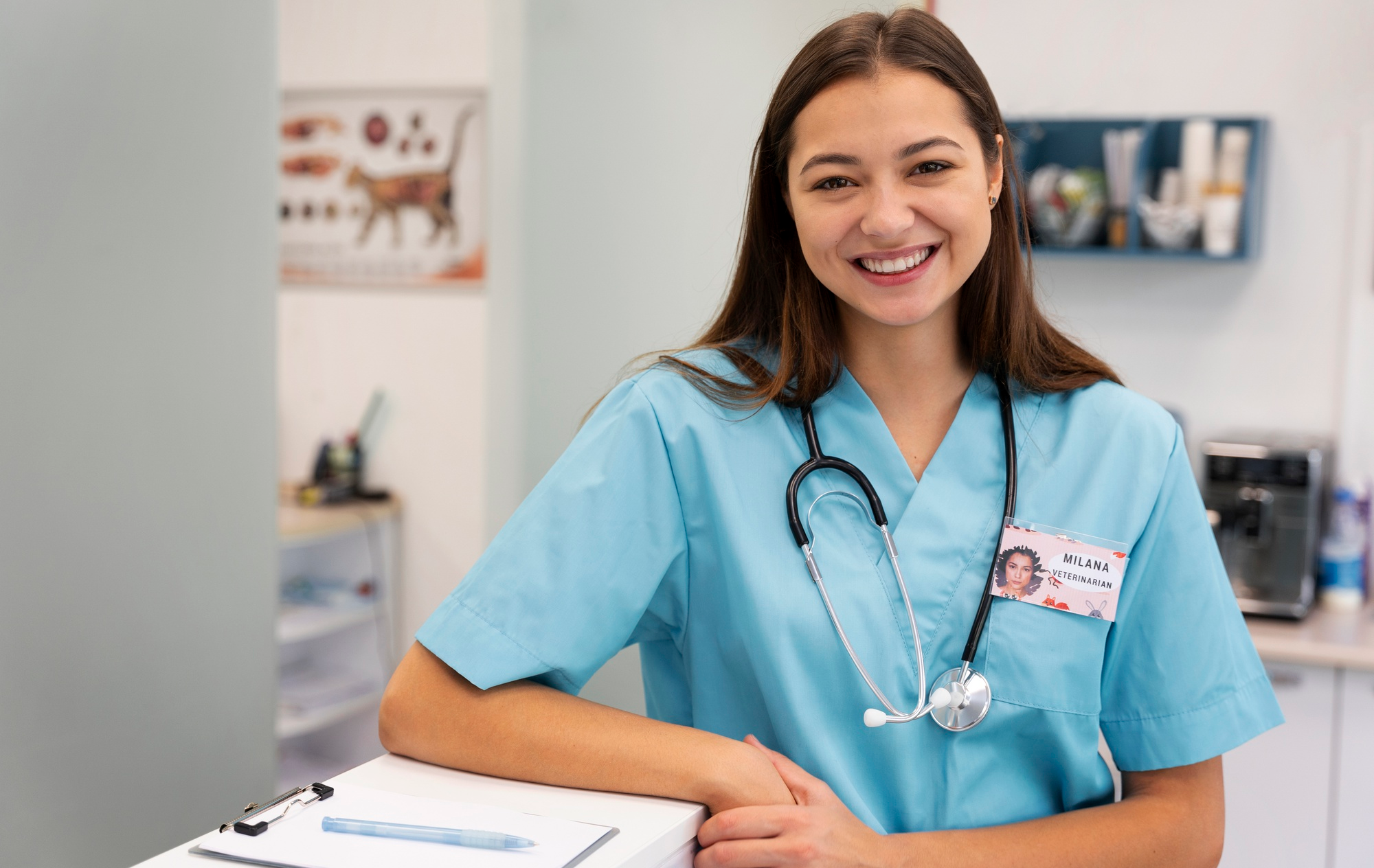 a portrait of smiling veterinary technician girl