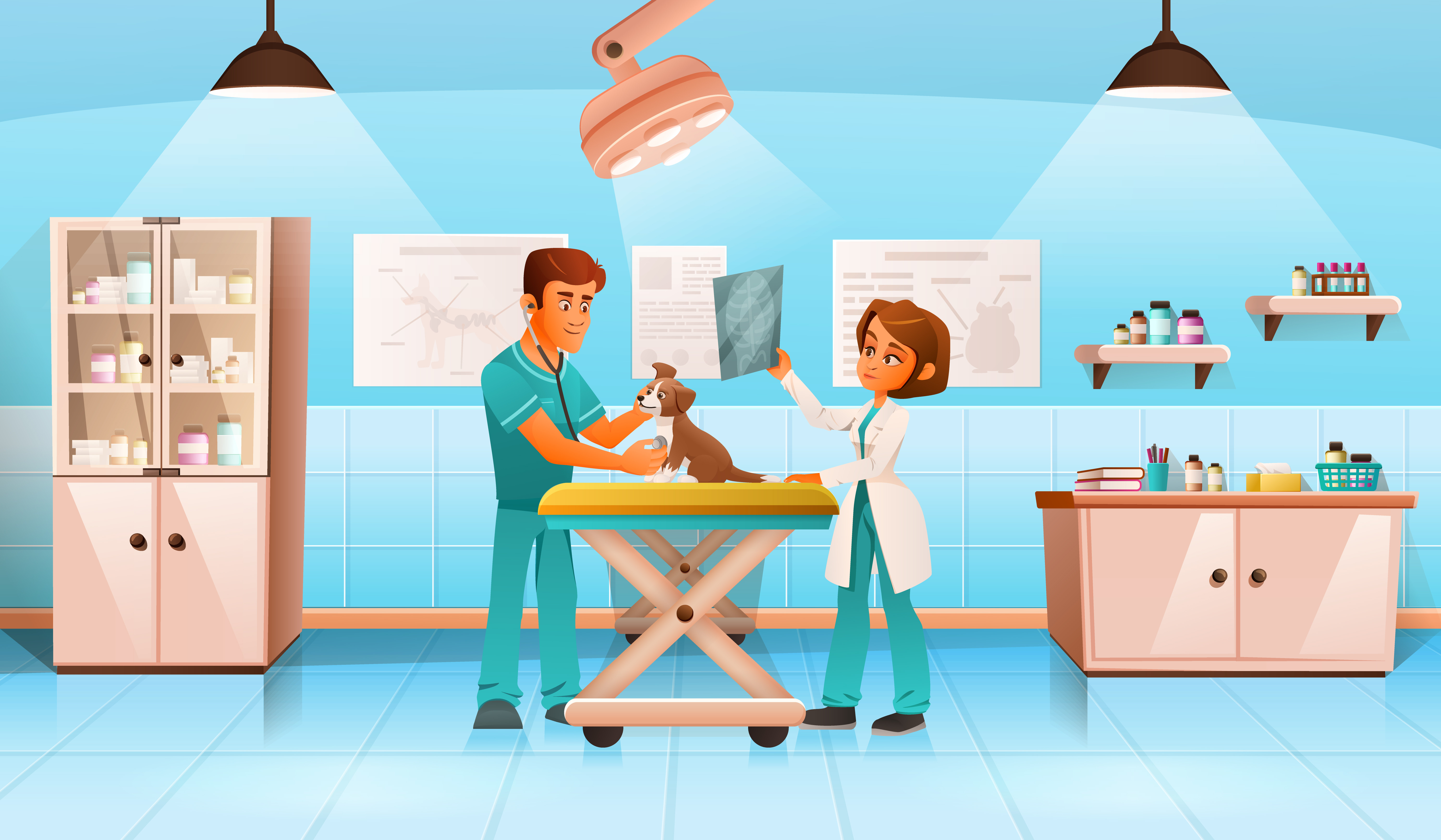 doctor of veterinary medicine and veterinary nurse examing a pet